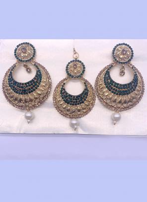 Rama Blue And Golden Chandbali Design Diamond Earrings With Maang Tikka